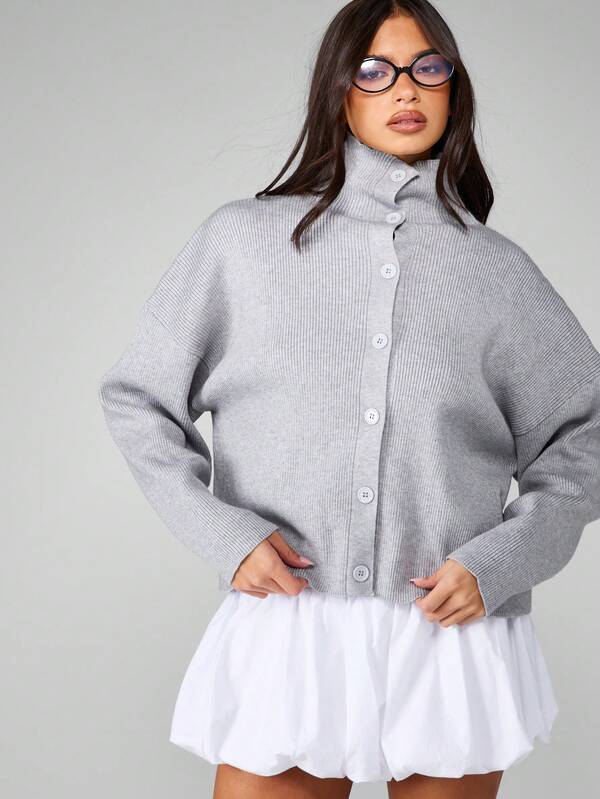 Missguided MISSGUIDED Ribbed Button Down Turtleneck Cardigan With Chunky Knit