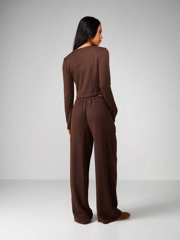 Missguided MISSGUIDED Ribbed Button Front Crop Top And Wide Leg Pants