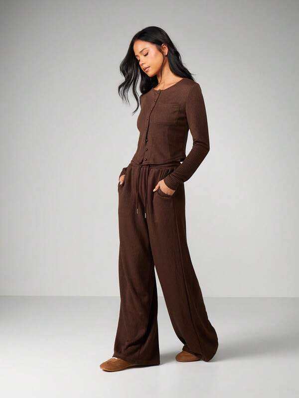 Missguided MISSGUIDED Ribbed Button Front Crop Top And Wide Leg Pants