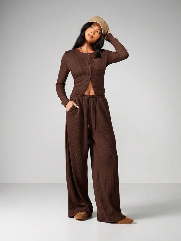 missguided MISSGUIDED Ribbed Button Front Crop Top And Wide Leg Pants