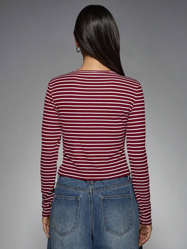 Missguided MISSGUIDED Ribbed Button Front Crop Top With Nautical Stripes