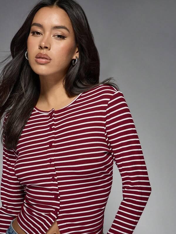 Missguided MISSGUIDED Ribbed Button Front Crop Top With Nautical Stripes