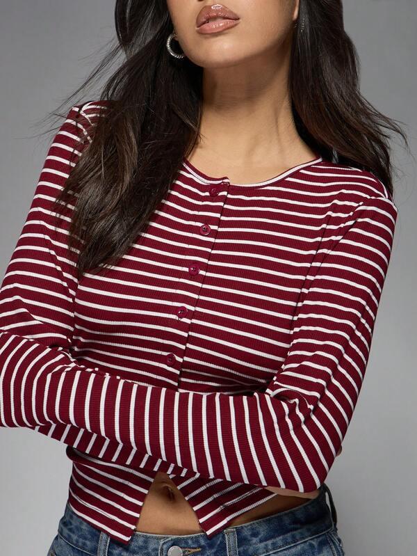 Missguided MISSGUIDED Ribbed Button Front Crop Top With Nautical Stripes