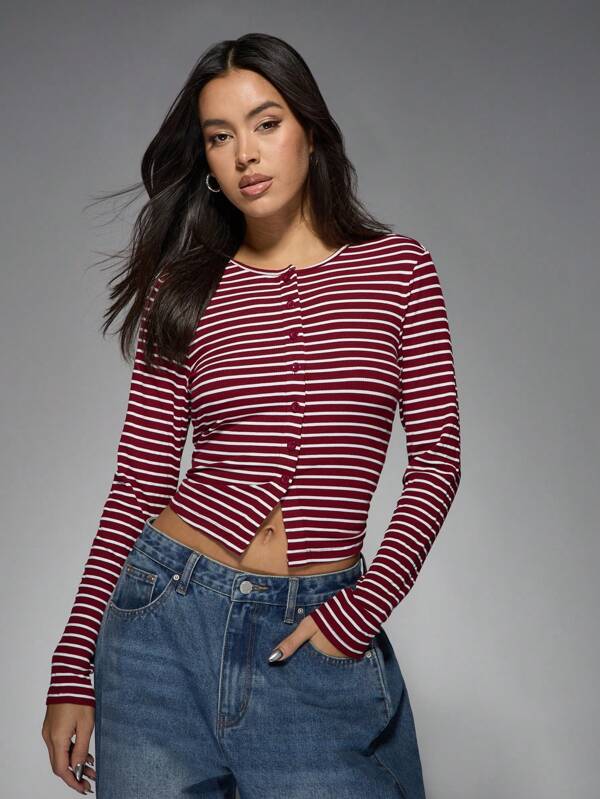 missguided MISSGUIDED Ribbed Button Front Crop Top With Nautical Stripes