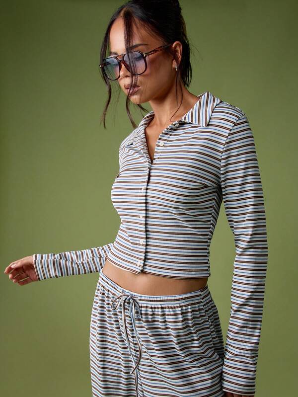 Missguided MISSGUIDED Ribbed Button Up Crop Top With Palazzo Pants