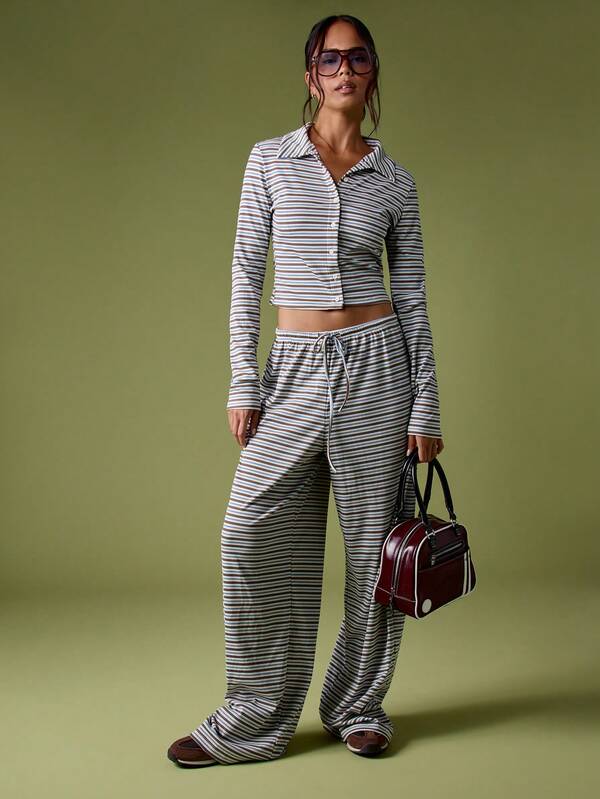 missguided MISSGUIDED Ribbed Button Up Crop Top With Palazzo Pants