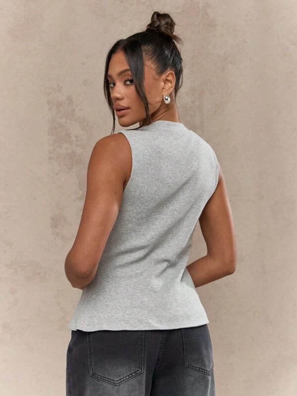 Missguided MISSGUIDED Ribbed Buttoned Crew Neck Sleeveless Vest Top