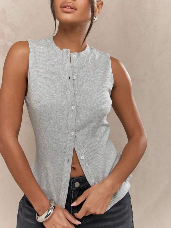 Missguided MISSGUIDED Ribbed Buttoned Crew Neck Sleeveless Vest Top