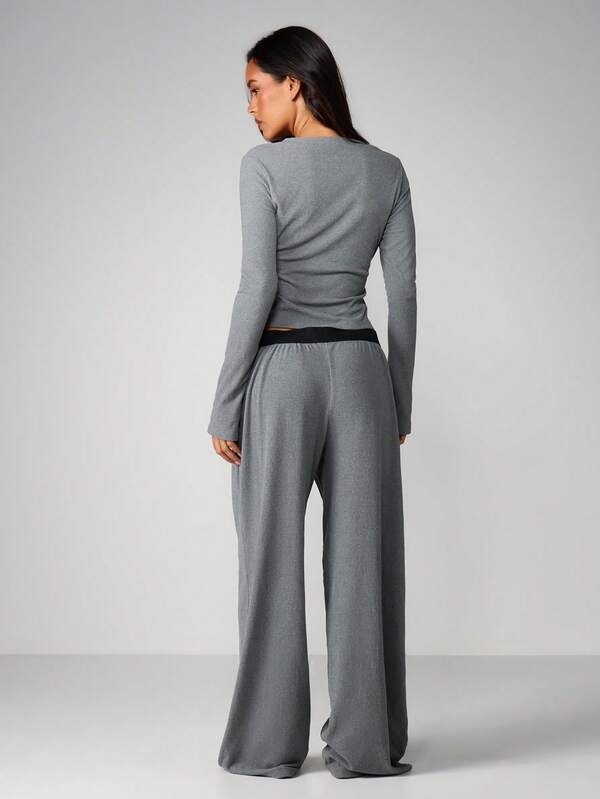 Missguided MISSGUIDED Ribbed Cardigan With Wide Leg Pants Set