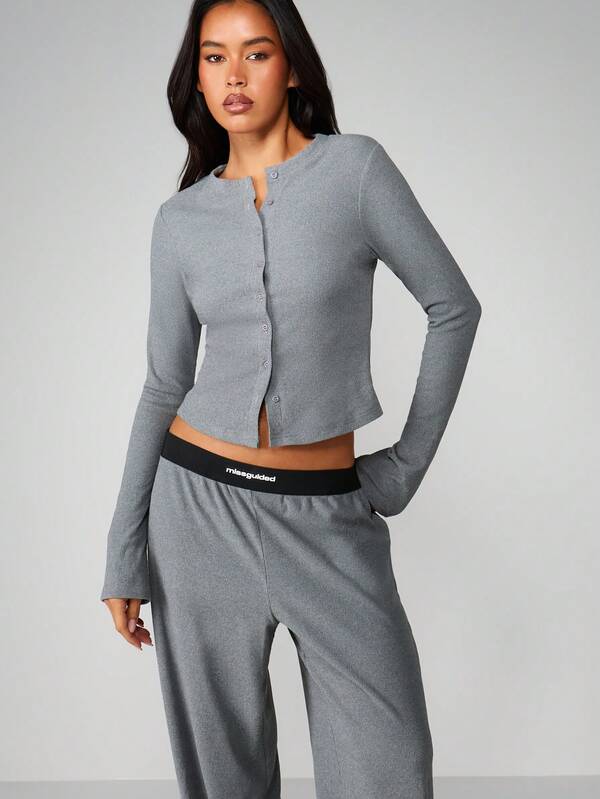 Missguided MISSGUIDED Ribbed Cardigan With Wide Leg Pants Set