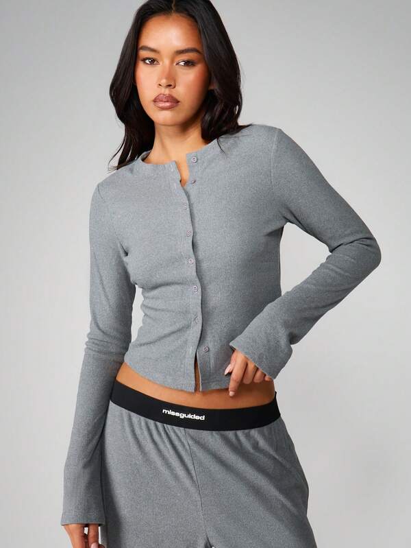 Missguided MISSGUIDED Ribbed Cardigan With Wide Leg Pants Set