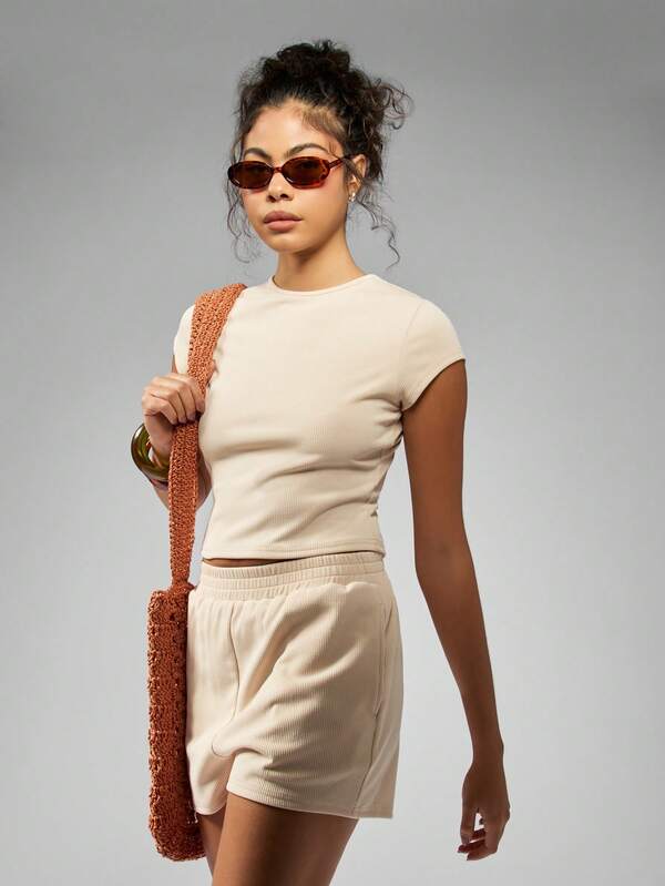 Missguided MISSGUIDED Ribbed Co-Ord Set Crop Top Biker Shorts
