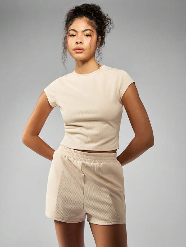 missguided MISSGUIDED Ribbed Co-Ord Set Crop Top Biker Shorts