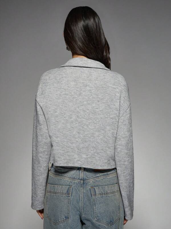 Missguided MISSGUIDED Ribbed Collared Crop V-Neck Pullover Sweater
