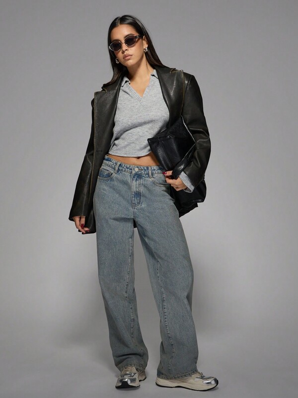 Missguided MISSGUIDED Ribbed Collared Crop V-Neck Pullover Sweater