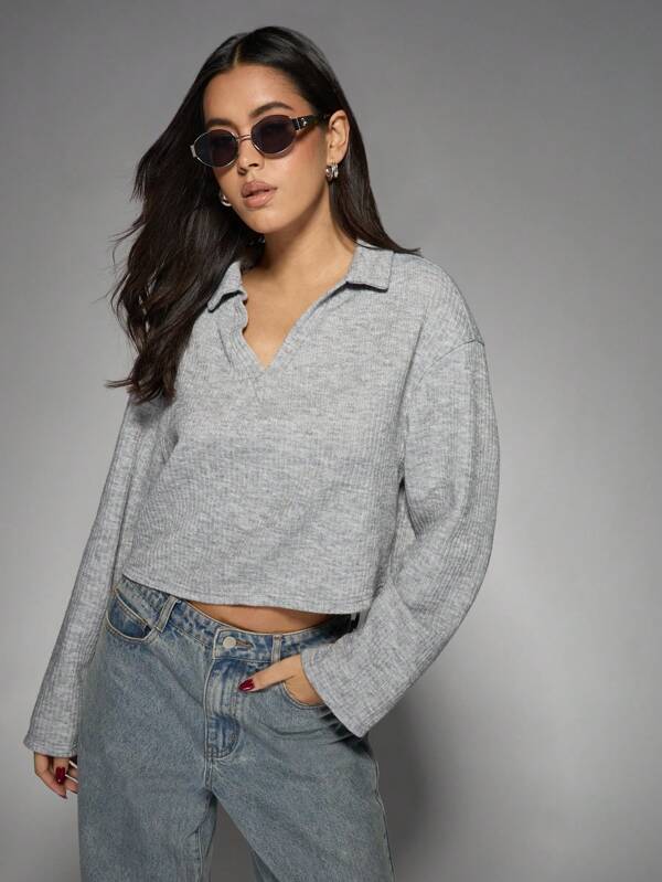 missguided MISSGUIDED Ribbed Collared Crop V-Neck Pullover Sweater