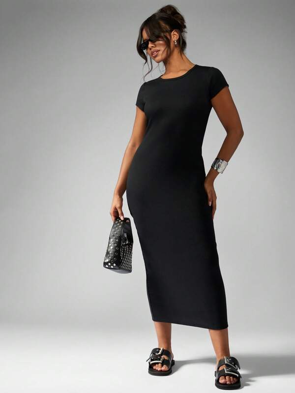 missguided MISSGUIDED Ribbed Crew Neck Bodycon Midaxi T-Shirt Long Dress