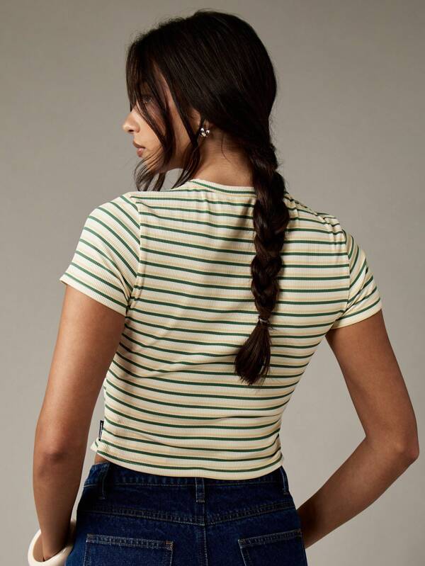 Missguided MISSGUIDED Ribbed Crop Striped Short Sleeve T-Shirt