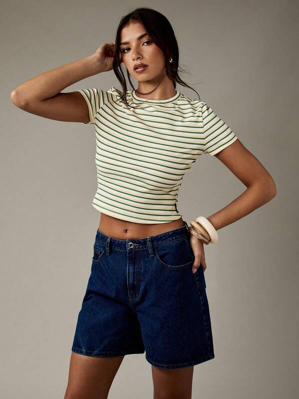 Missguided MISSGUIDED Ribbed Crop Striped Short Sleeve T-Shirt
