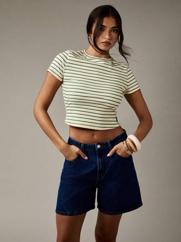 missguided MISSGUIDED Ribbed Crop Striped Short Sleeve T-Shirt