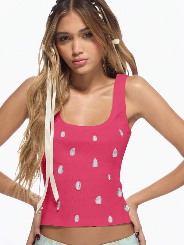 Missguided MISSGUIDED Ribbed Crop Tank Top With Crystal Embellishments