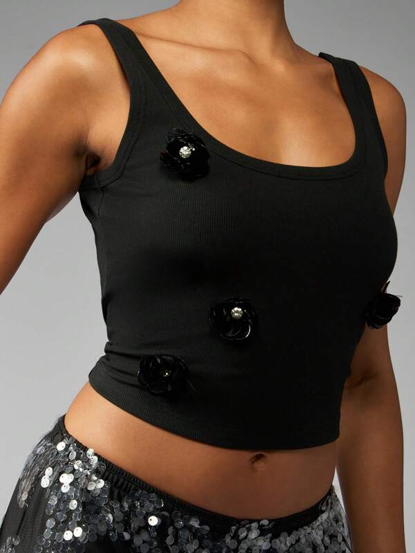 Missguided MISSGUIDED Ribbed Crop Tank Top With Floral Appliques
