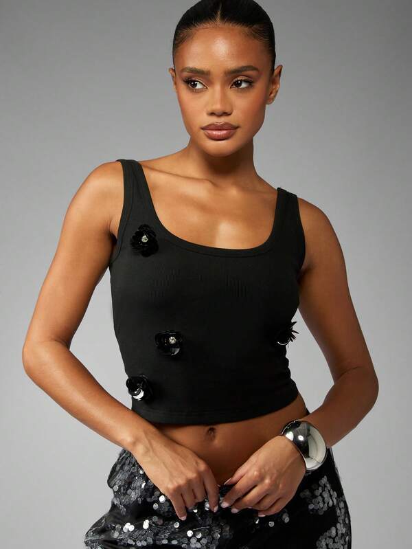 missguided MISSGUIDED Ribbed Crop Tank Top With Floral Appliques