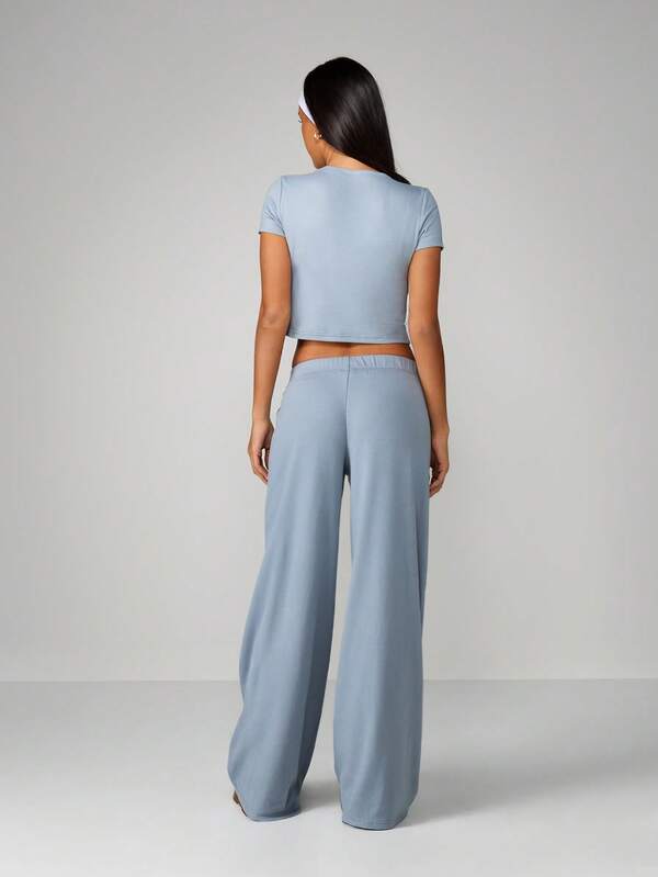 Missguided MISSGUIDED Ribbed Crop Top And Wide Leg Pants Set