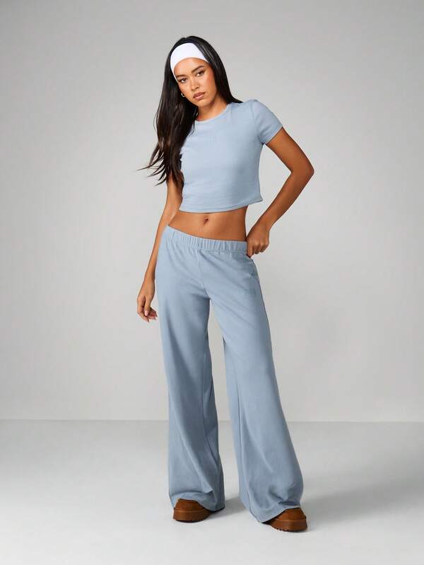 missguided MISSGUIDED Ribbed Crop Top And Wide Leg Pants Set