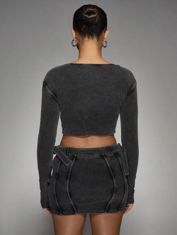 Missguided MISSGUIDED Ribbed Denim Corset Crop Top And Mini Skirt Set
