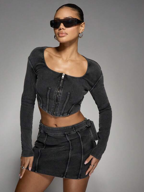 Missguided MISSGUIDED Ribbed Denim Corset Crop Top And Mini Skirt Set