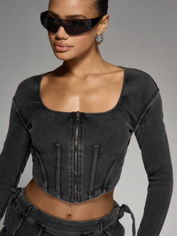 Missguided MISSGUIDED Ribbed Denim Corset Crop Top And Mini Skirt Set