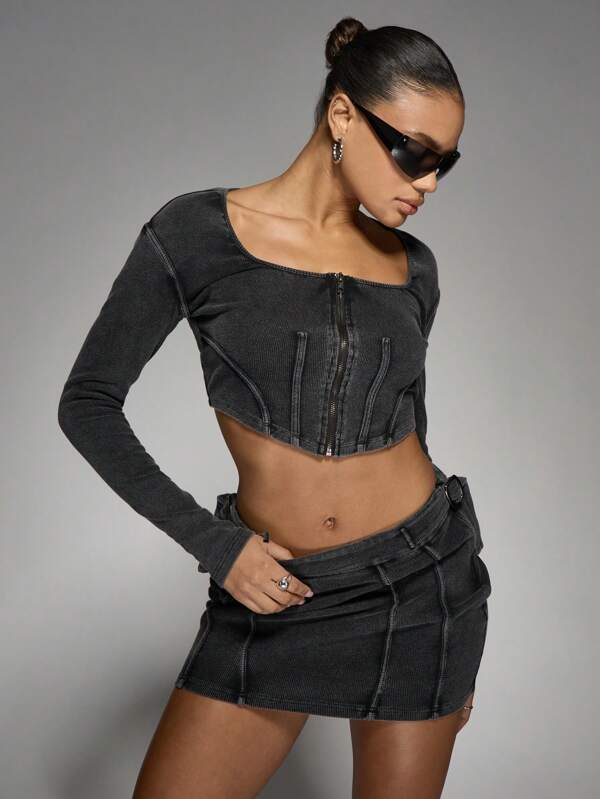 missguided MISSGUIDED Ribbed Denim Corset Crop Top And Mini Skirt Set