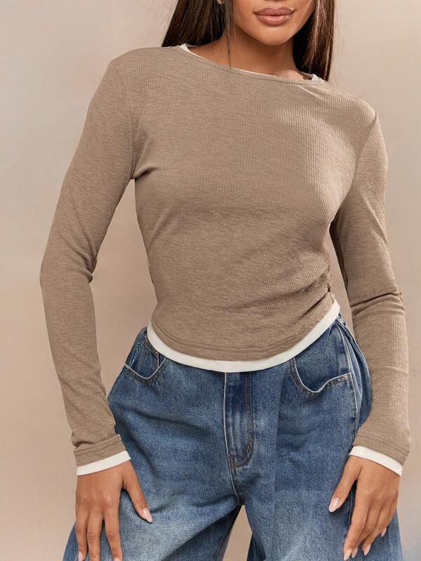 Missguided MISSGUIDED Ribbed Double Layered Long Sleeves Round Neck Fitted T-Shirt