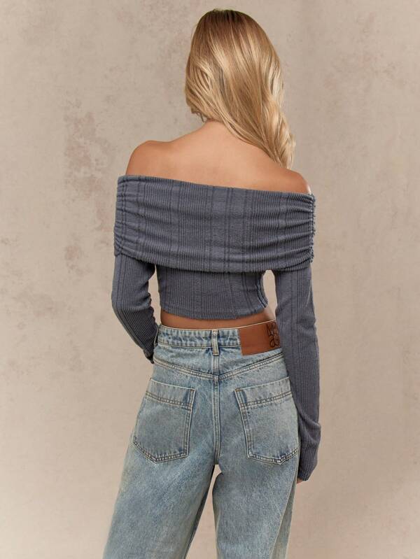 Missguided MISSGUIDED Ribbed Fold Over Curved Hem Long Sleeves Crop Bardot Top