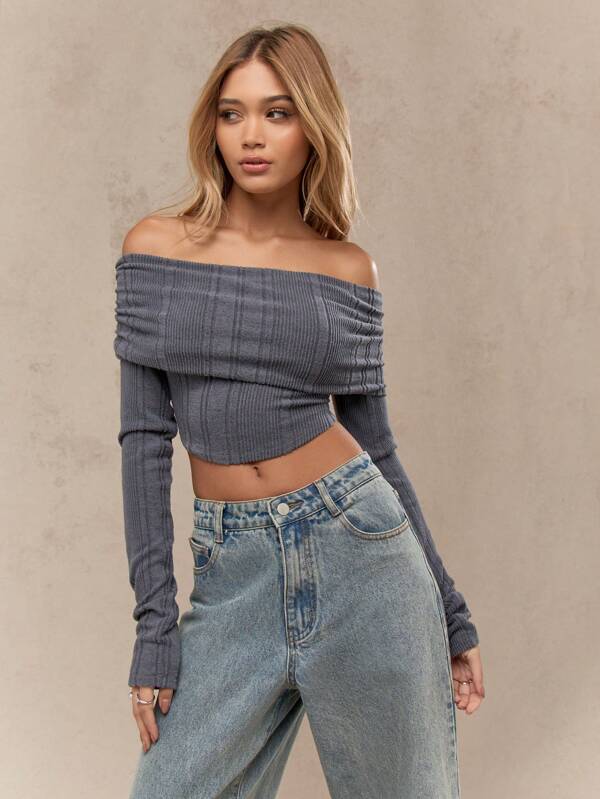 missguided MISSGUIDED Ribbed Fold Over Curved Hem Long Sleeves Crop Bardot Top