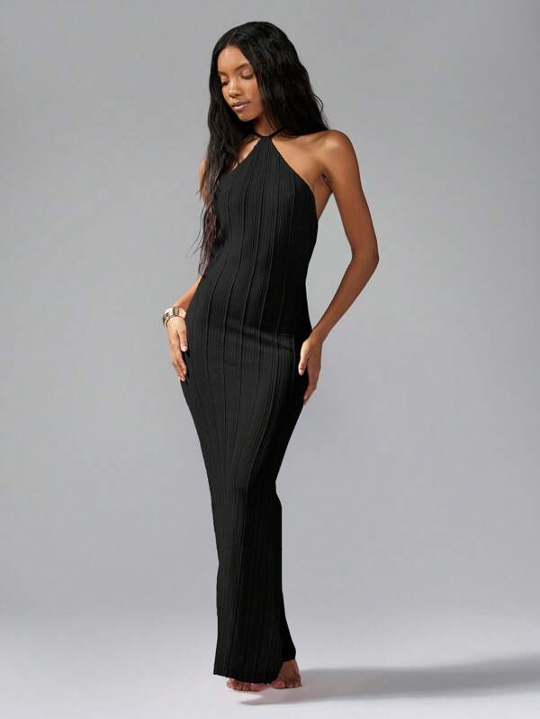 missguided MISSGUIDED Ribbed Halter High Neck Long Dress