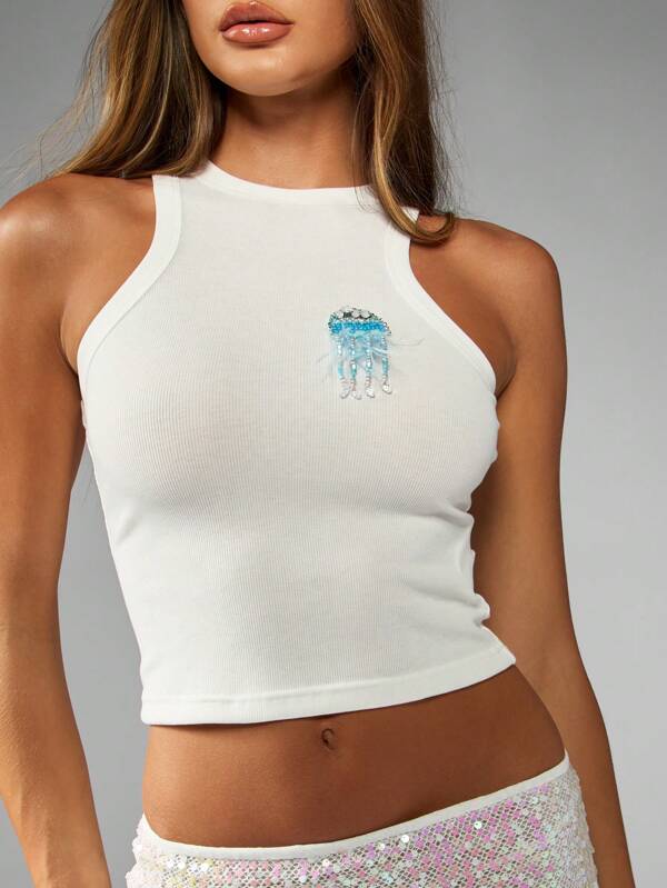 missguided MISSGUIDED Ribbed Halter Neck Tank Top With Jellyfish Applique