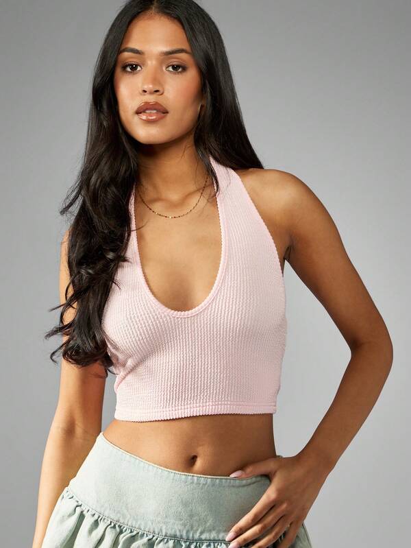 Missguided MISSGUIDED Ribbed Halter Plunge Neckline Racerback Crop Tank Top