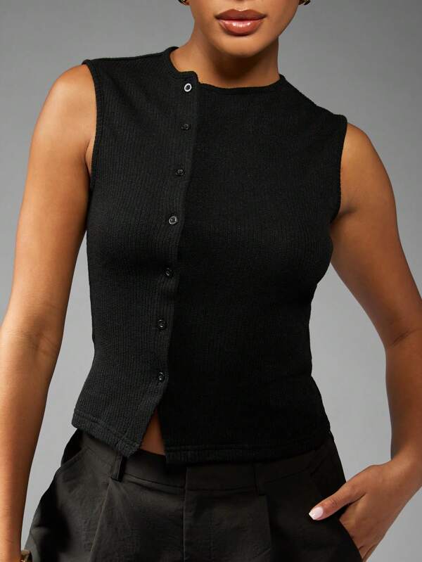 missguided MISSGUIDED Ribbed High Neck Button Front Sleeveless Crop Tank