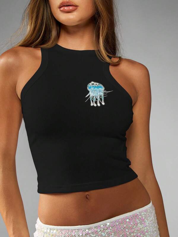 missguided MISSGUIDED Ribbed High Neck Fitted Crop Top With Jellyfish Applique
