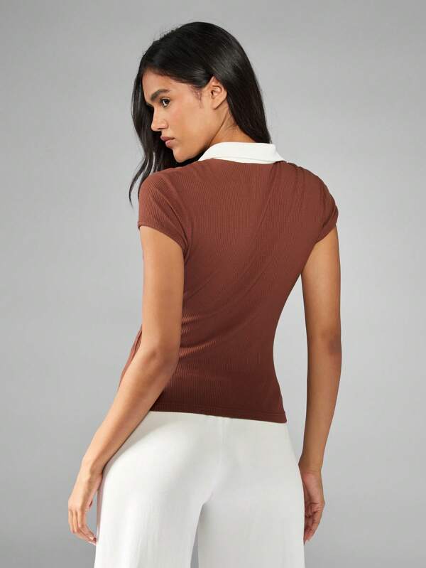 Missguided MISSGUIDED Ribbed Knit Baby Tee With Contrast Collar And V-Neck