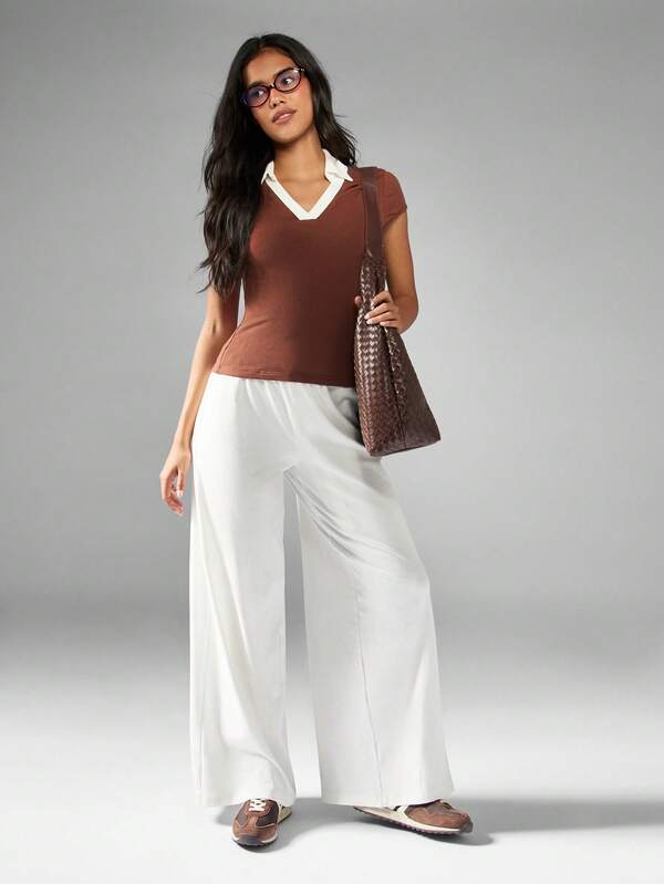 Missguided MISSGUIDED Ribbed Knit Baby Tee With Contrast Collar And V-Neck