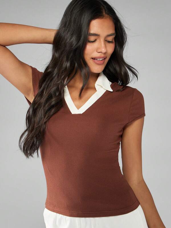 Missguided MISSGUIDED Ribbed Knit Baby Tee With Contrast Collar And V-Neck