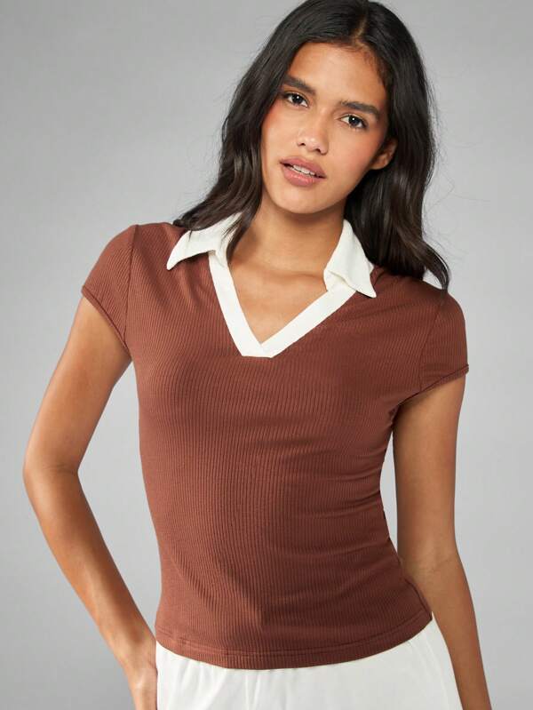 missguided MISSGUIDED Ribbed Knit Baby Tee With Contrast Collar And V-Neck