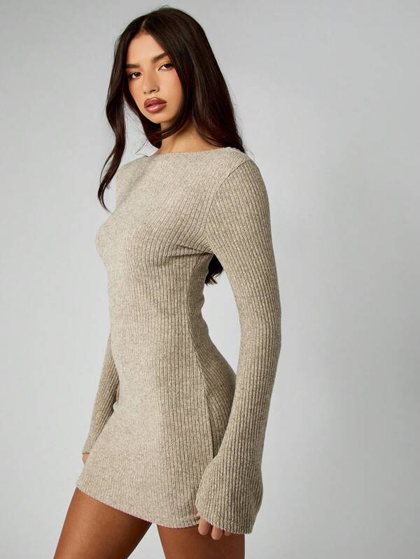 missguided MISSGUIDED Ribbed Knit Bell Sleeve Bodycon Mini Dress