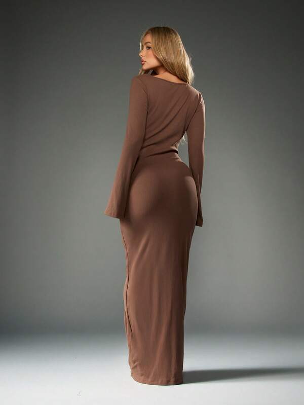 Missguided MISSGUIDED Ribbed Knit Bodycon Maxi Dress With Bell Sleeves