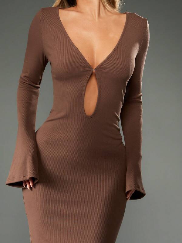 Missguided MISSGUIDED Ribbed Knit Bodycon Maxi Dress With Bell Sleeves