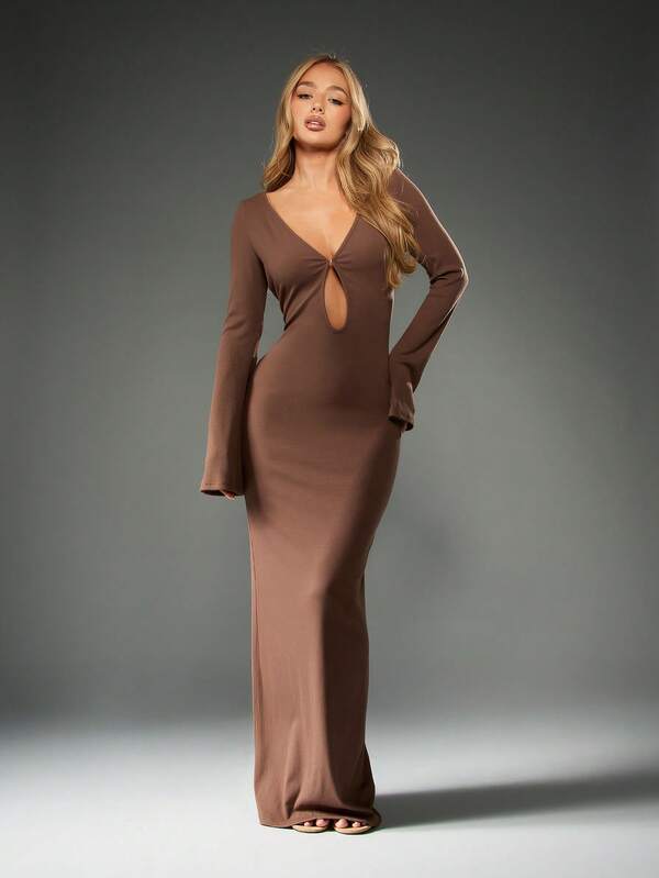 Missguided MISSGUIDED Ribbed Knit Bodycon Maxi Dress With Bell Sleeves