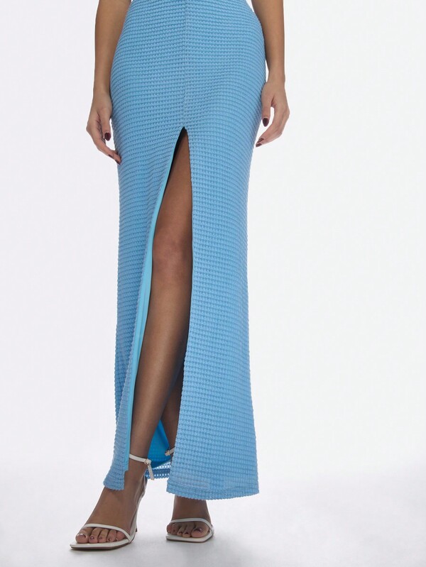 Missguided MISSGUIDED Ribbed Knit Bodycon Maxi Long Dress With Plunge Neckline And Side Slit